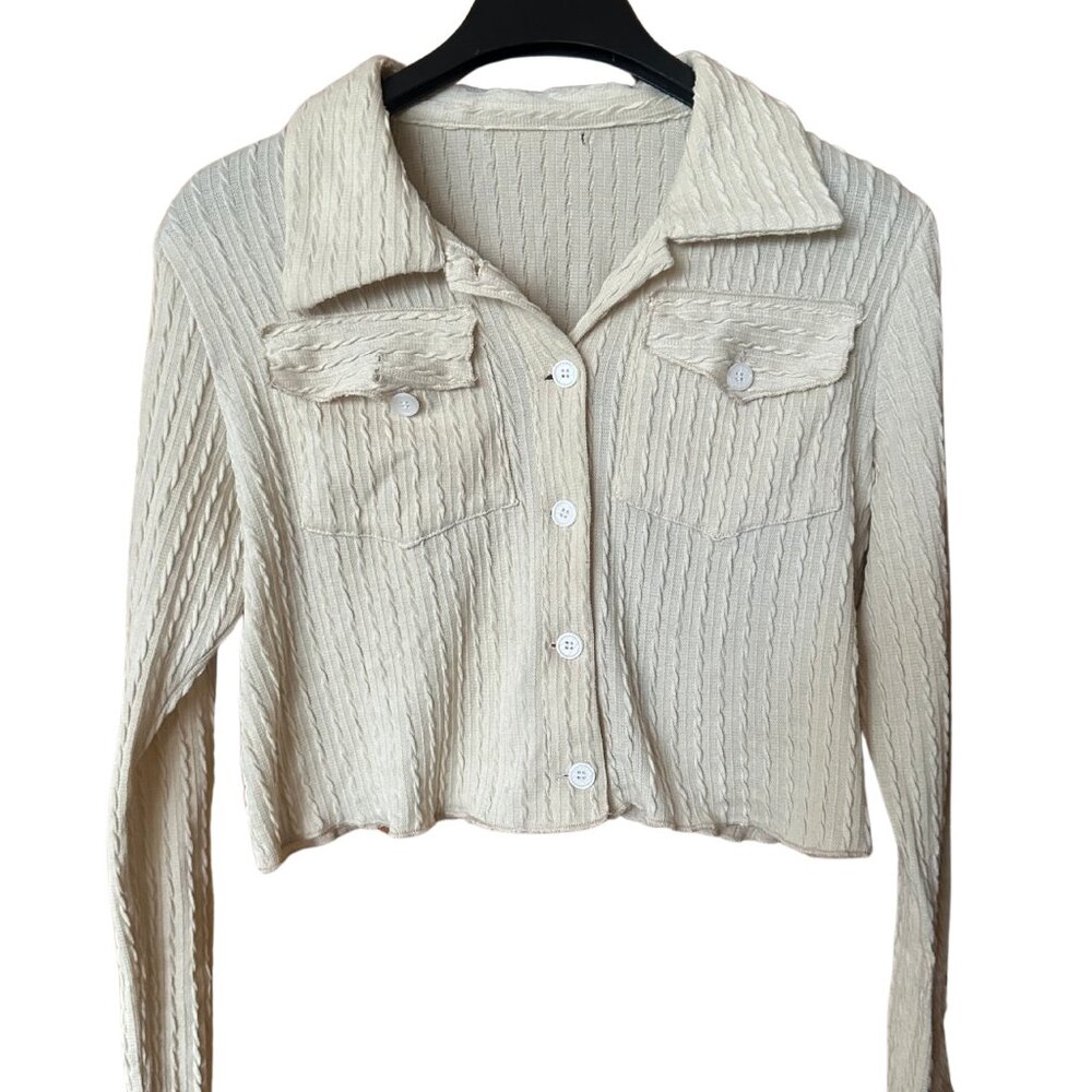 CIDER Off-White Ribbed Cropped Button Up